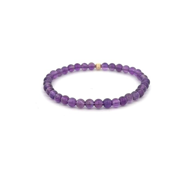 Gemstones Amethyst Mini 4mm Stretchable Bracelet 14k Gold Bead Charm Corrugated - Picture 3 of 6